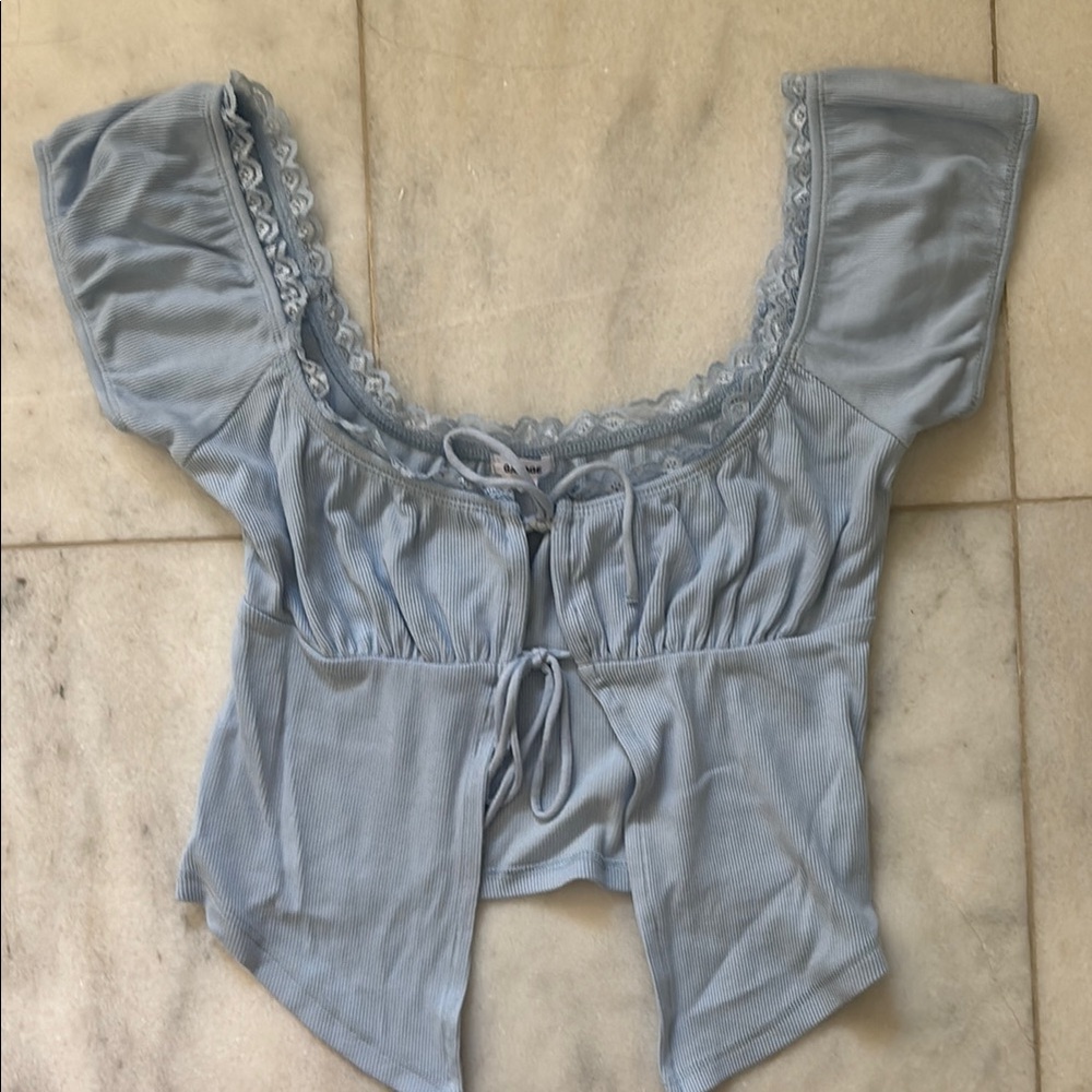 NEVER WORN Garage Blue Puff Sleeve Tie Front Blouse